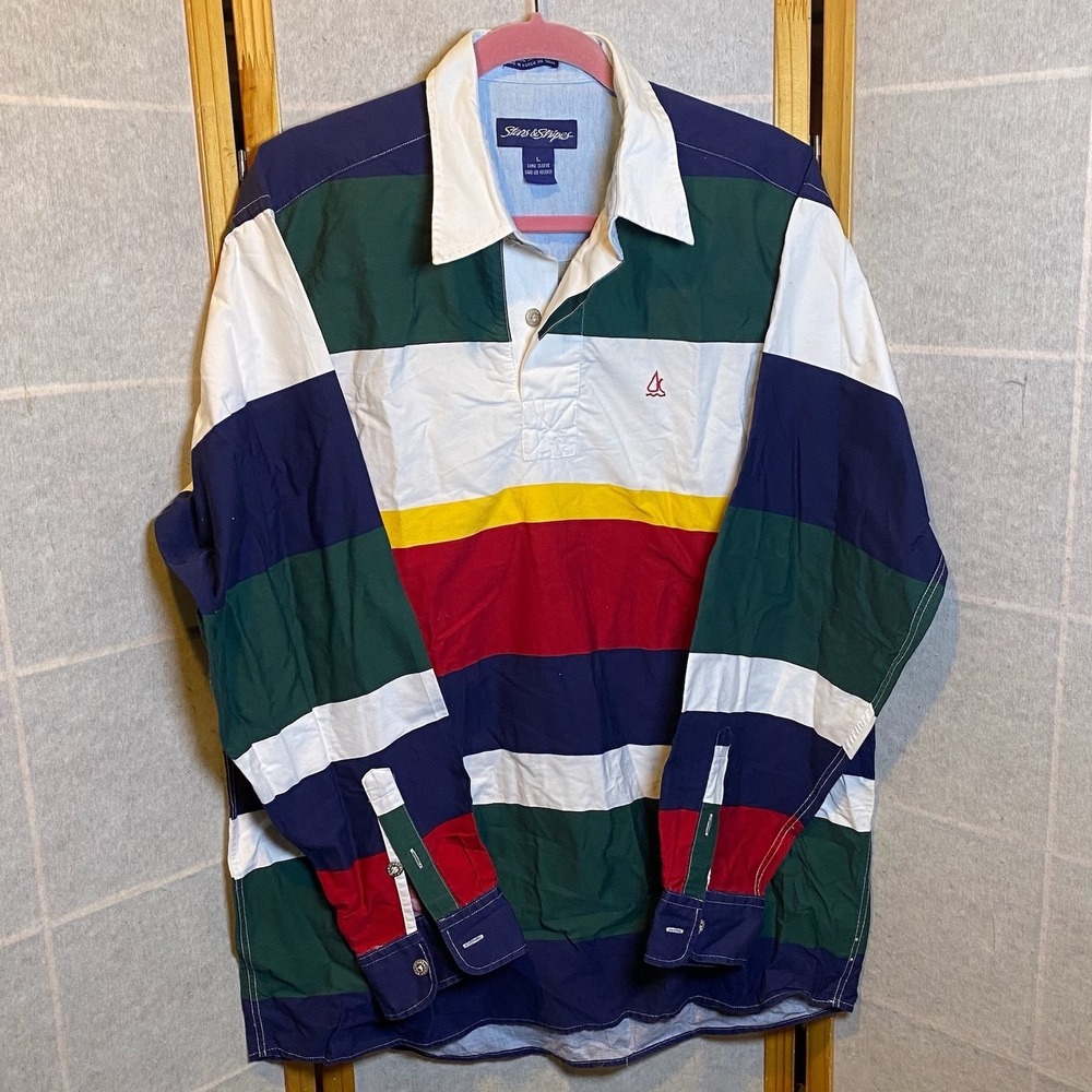 Stars & Stripes Mens Rugby Shirt Large Long Sleeve Cotton Striped Nautical Polo